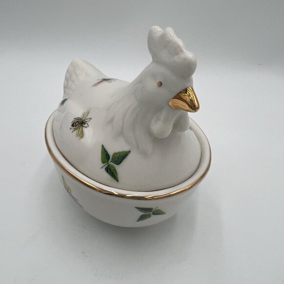 Grace's Teaware Fine Porcelain Chicken Sugar Bowl Trinket dish bees Leaves Insec - Picture 2 of 11